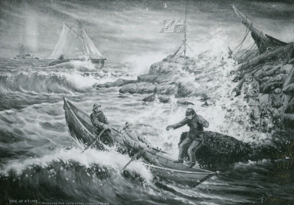 'One by One' a painting by Fred Williams depicts the rescue of the crew of the Velma after 44 hours stuck on a rock in the Bay of Fundy by the unlikely rescuers of a grandfather, father and son. (Grand Manan Archives)