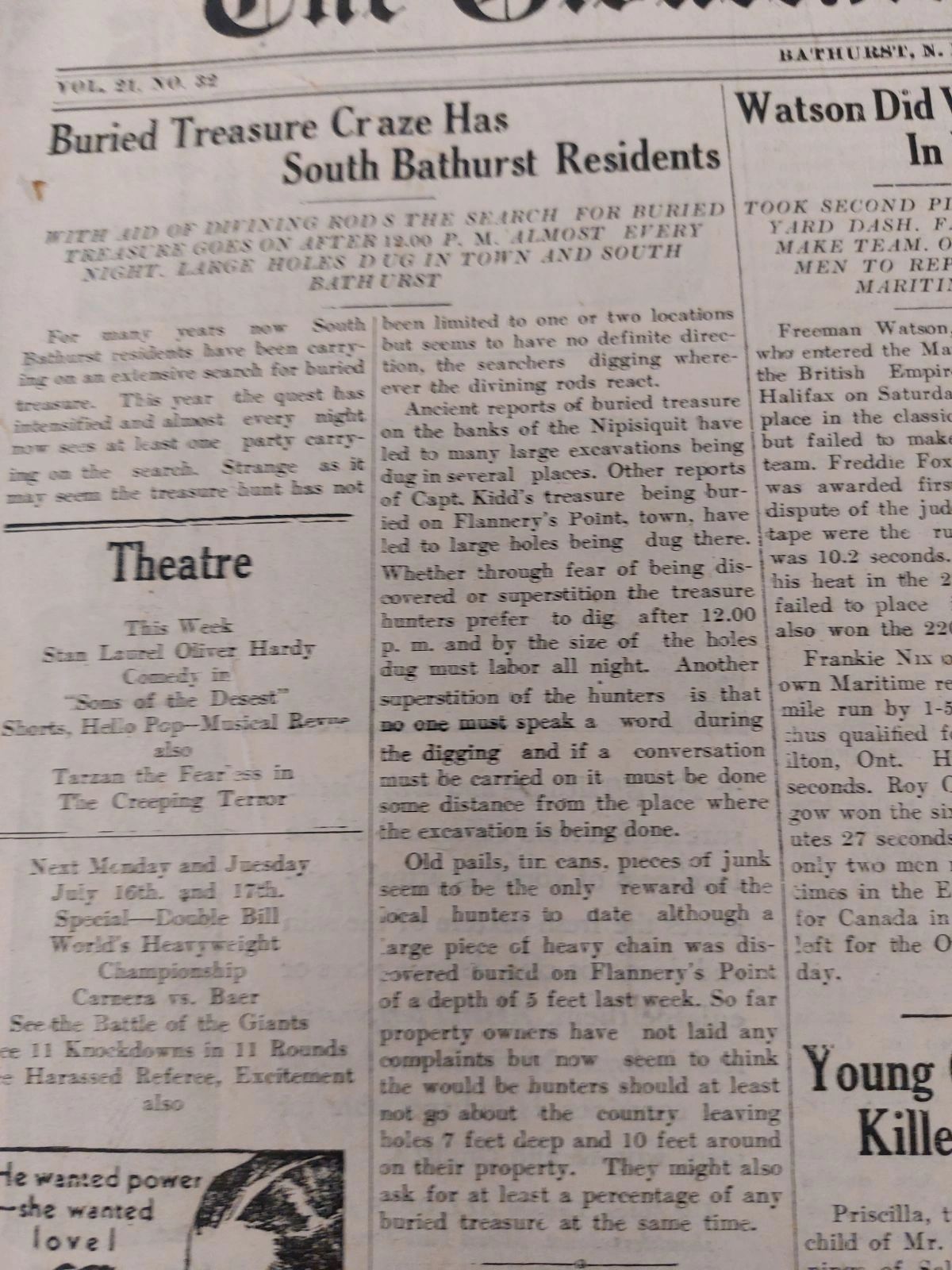 Original copy of The Northern Light newspaper article from July 12th, 1934 about the Steever Brothers finding the buried treasure
