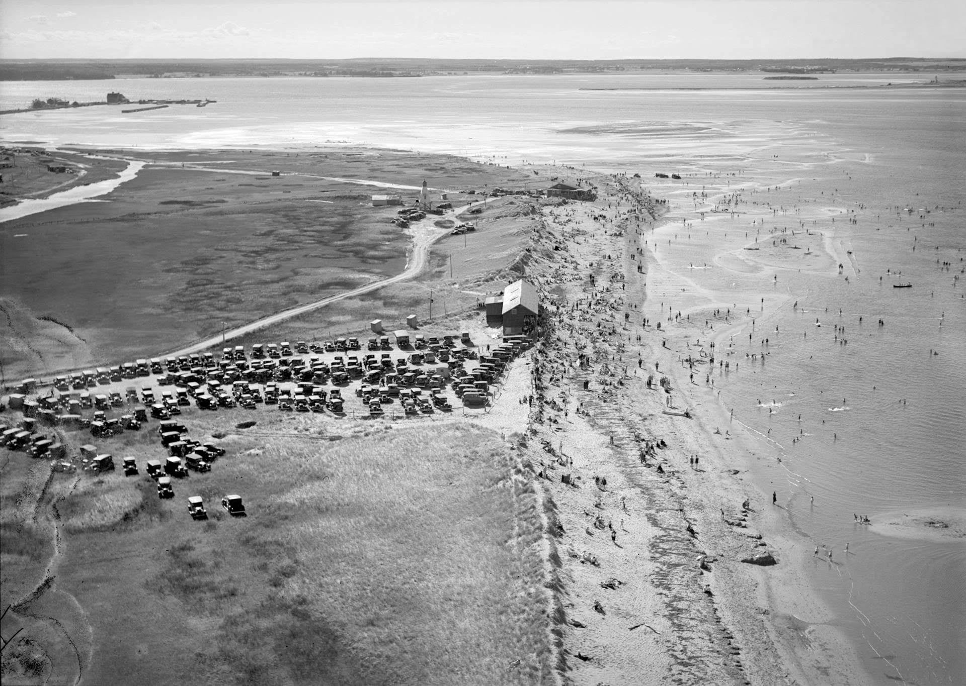 This is an aerial of Shediac Beach looking north across Shediac Bay with Pointe-du-Chêne in the upper left corner. Taken July 19th 1936.  Provincial Archives of New Brunswick P197\94